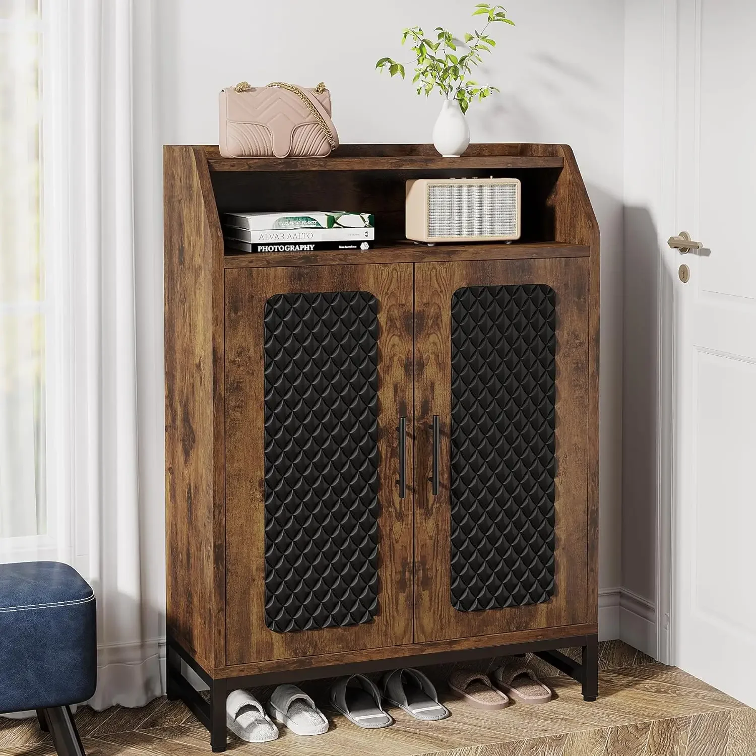 

Shoe Cabinet with Doors, 20 Pairs Entryway Shoe Storage Cabinet with Removable Shelves & Open Top Shelf, 7 Tier Wooden Shoe Rack