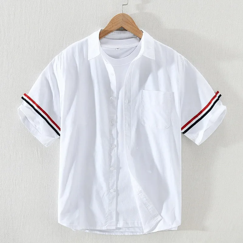 100% Pure Cotton Oxford Shirt Short Sleeved Men's Clothing Loose Casual Square Neck White Youth Shirt Spring Summer Tops