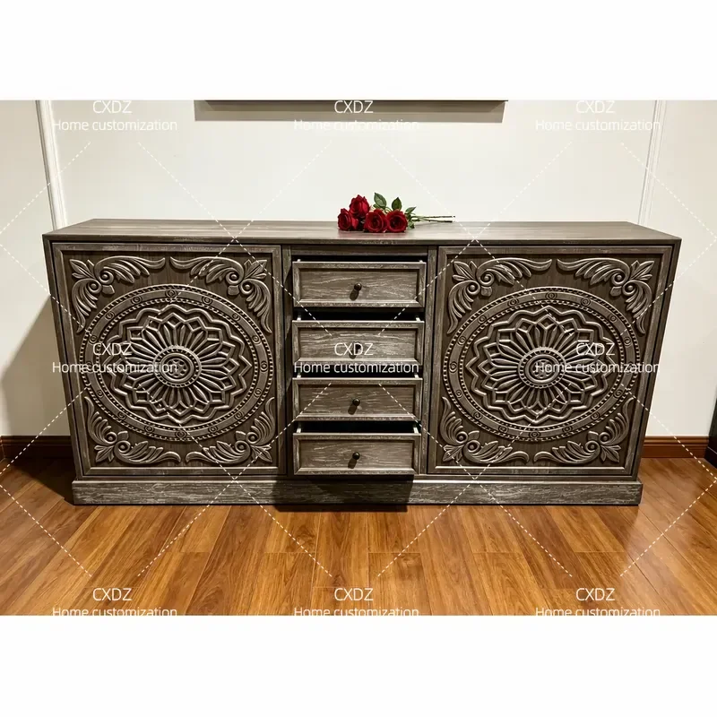 Antique Style Four Door Carved Solid Wood Side Cabinet Oak Storage Locker for Living Room Porch Customizable Furniture
