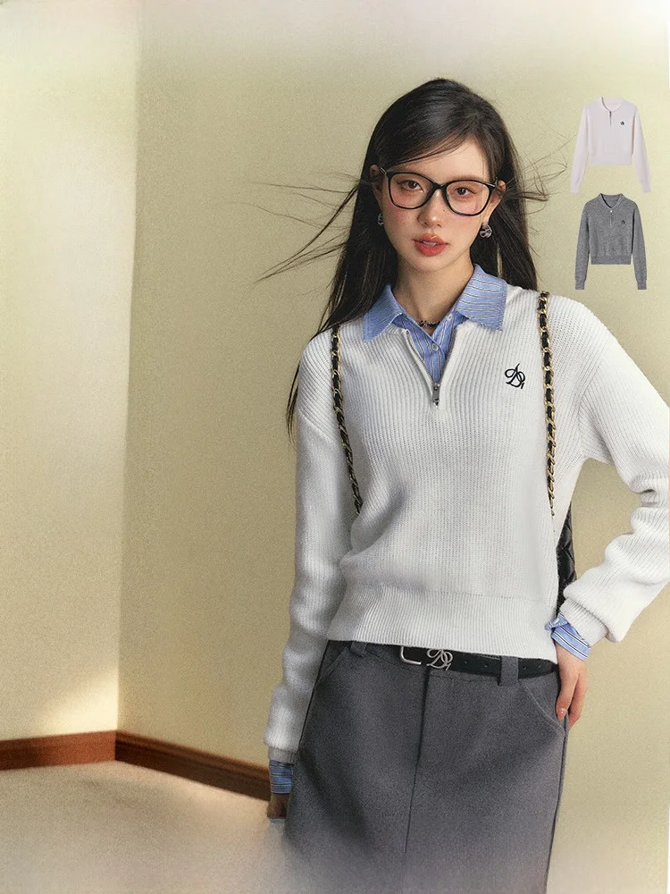 

ANDYET AD Original Autumn Winter Color f Open Zipper round Ne Pullover Loose Knitted Sweater Versatile Casual Sle