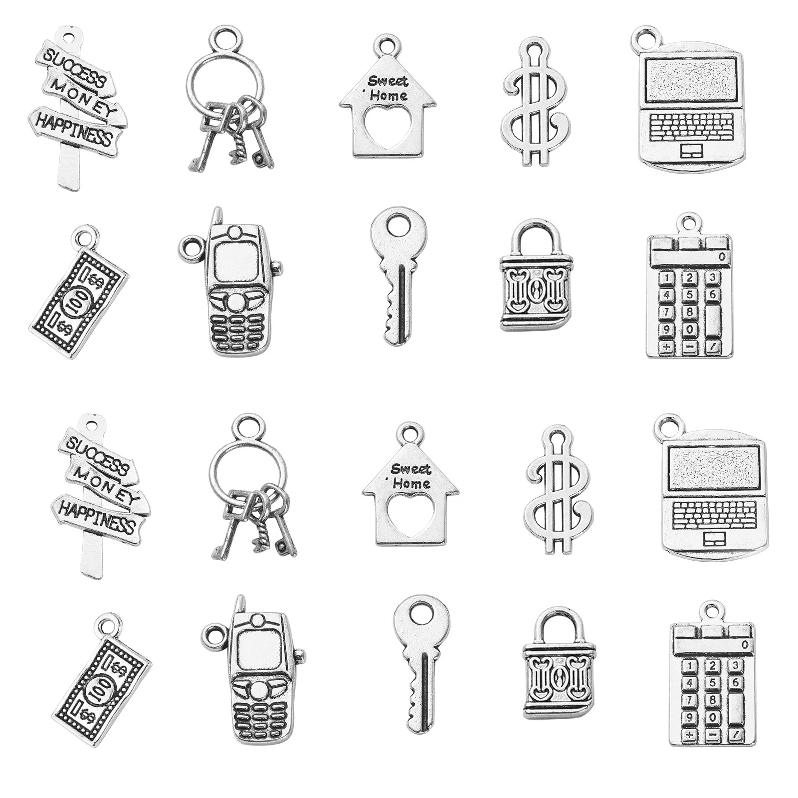 100Pcs 10 Styles Real Estate Agent Charms Tibetan Style Career Charms House Key Lock Charms for Jewelry Making DIY Findings