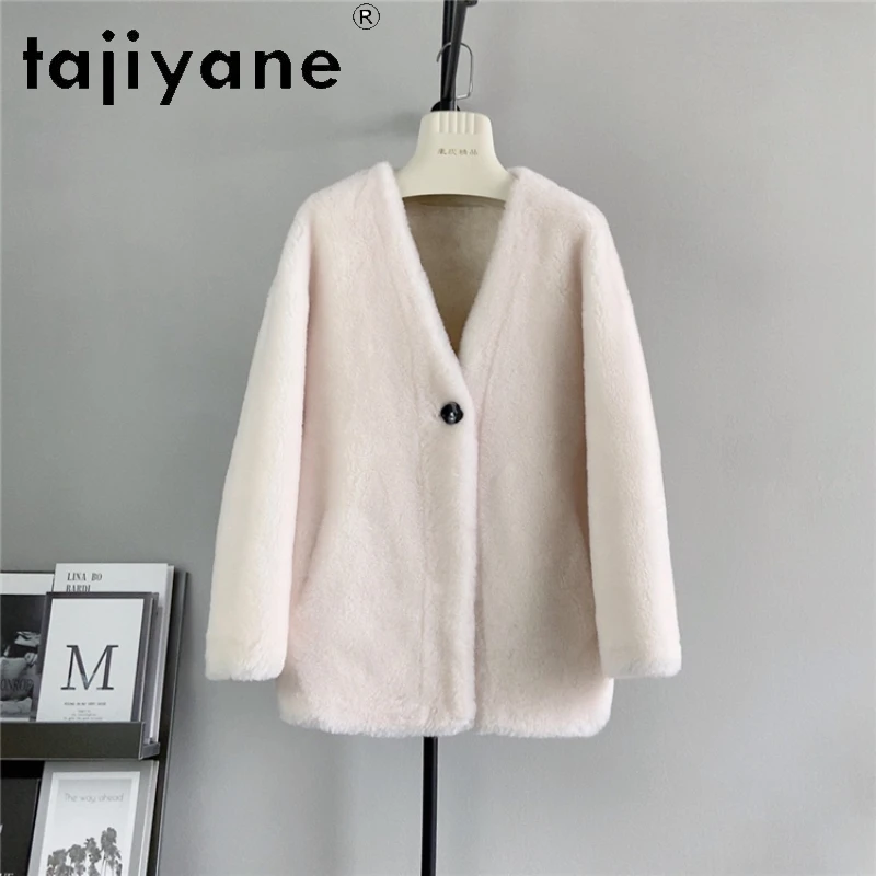 

Tajiyane 100% Wool Coats for Women Autumn Winter Elegant V-neck Sheep Shearing Jacket Fashion Lambs Wool Coat Female Jackets