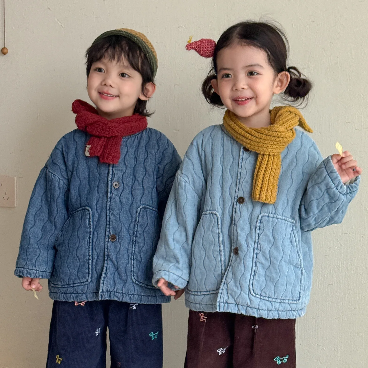 2026 Winter New Children Denim Quilted Jacket Plus Velvet Thick Girls Fleece Coat Boys Cotton Padded Jacket Solid Kids Clothes