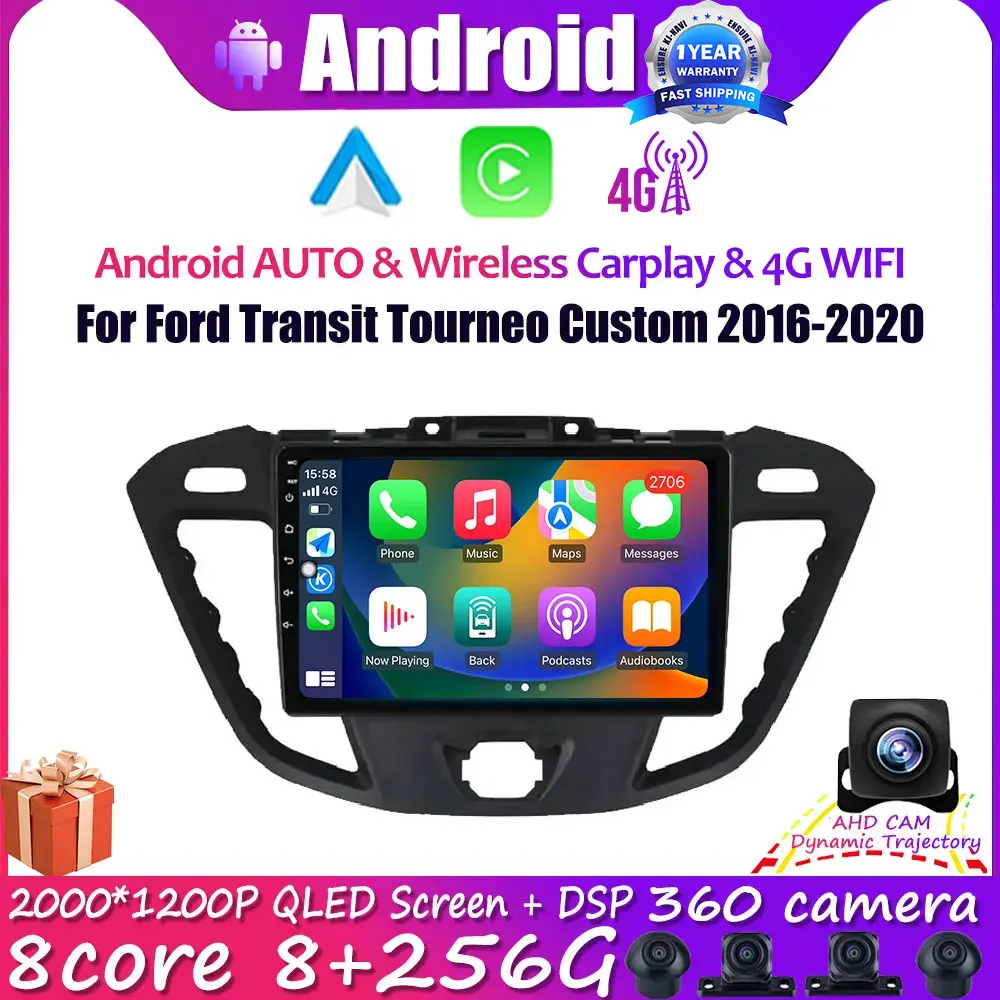 9 Inch Car Radio Multimedia Player For Ford Transit Tourneo Custom 2016-2020 Android 14 WIFI 4G GPS Navigation Carplay Bluetooth