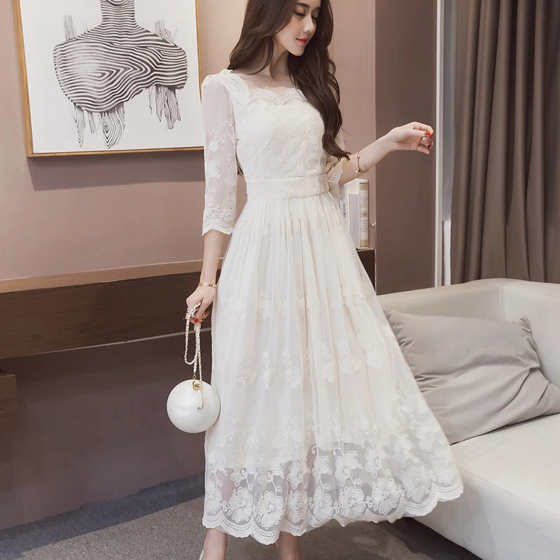 Female Dress Long White Embroidery Maxi Birthday Women's Sleeve Lace Dresses Casual Youth Sensual Sexy Curvy Designer One-piece