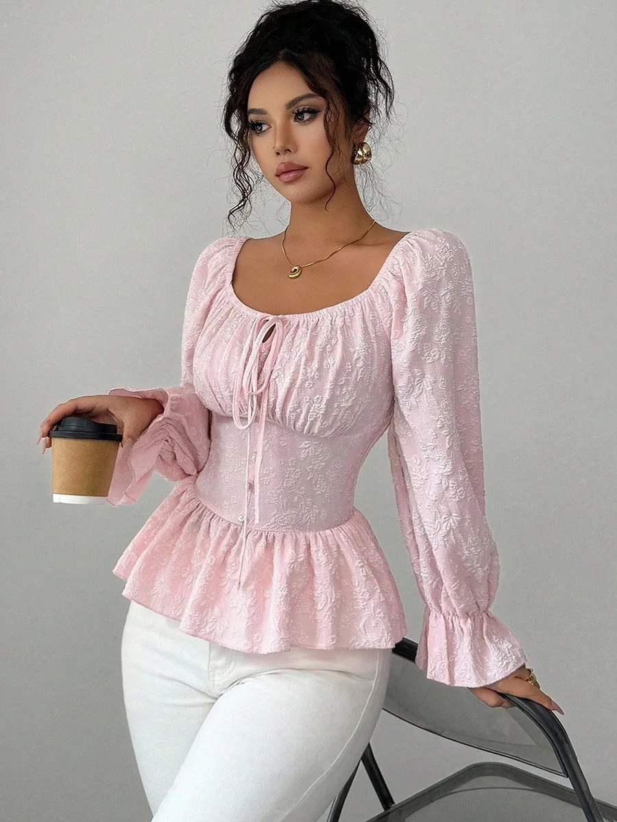 

Fall Women's Clothing Elegant U Neck Tie Long Sleeve Blouse Rose Floral Print Fitted Cut Sleeve Polyester Casual Top