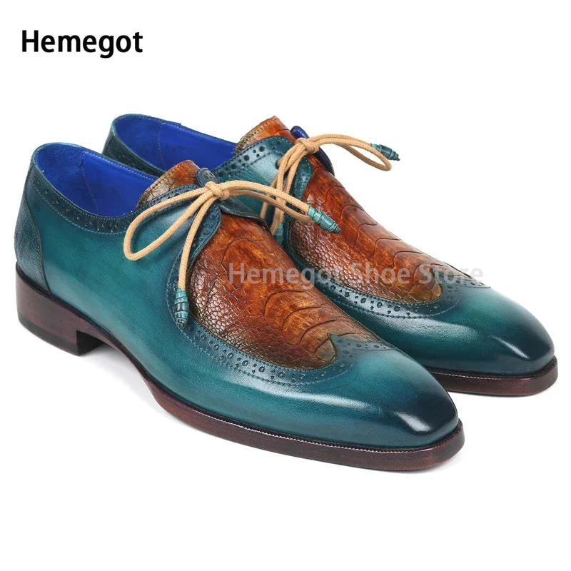 Blue Brown Mixed Color Shoes for Men Genuine Leather Pointed Toe Lace Up Daily Dress Shoes Party Vintage Fashion Men\'s Loafers