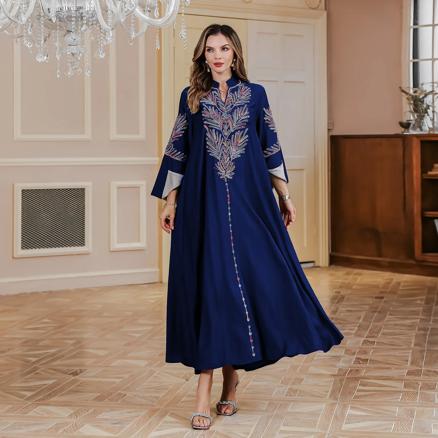 Eid Рамадан мусульманское женское платье с вышивкой и бисером Marocain Abayas Дубай, Турция Caftan Djellaba Caftan Musulmane Femme Vestidos