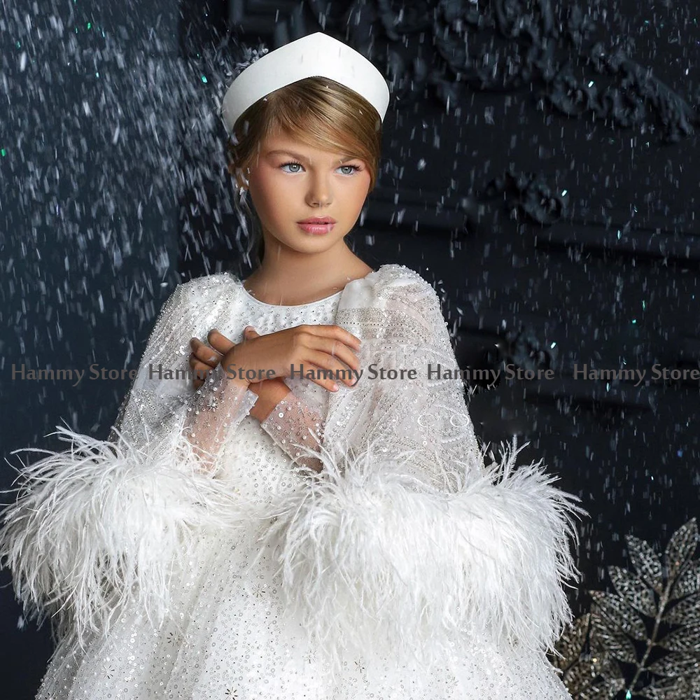 Glitter Sequin Flower Girl Dresses with Feathers Cape Luxury Beading Pearls Party Dress for Kids Pageant First Communion Gown