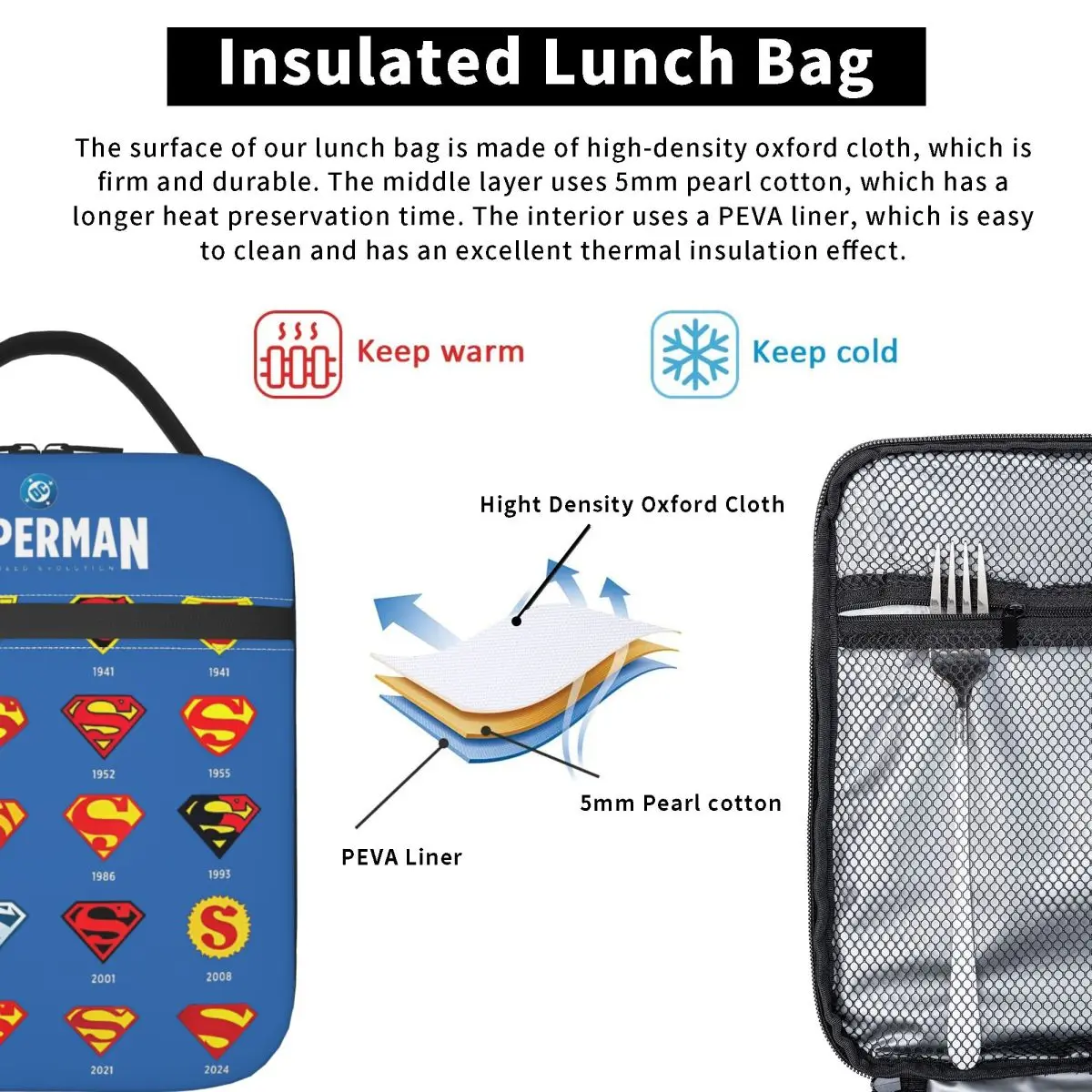 Supermans S-Shield Evolution Bolsas de almuerzo aisladas Contenedor de comida grande Bolsa refrigeradora Tote Fiambrera Viajes universitarios Hombres Mujeres