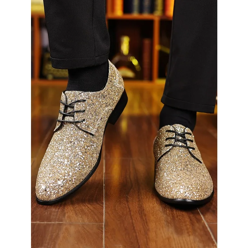 High Quality Lace-Up  Oxford Shoes Fashion Designer Men Flats Large Size Luxury Men Dress Shoes Gold Silver Sequin Wedding Shoes