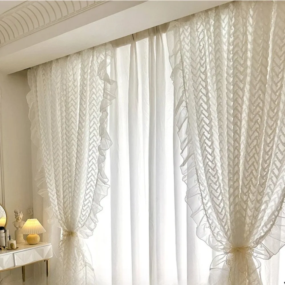 French White Lace Ruffle Curtains Wavy Three-dimensional Jacquard Curtain for Living room, Bedroom Light Filtering, Thick Gauze