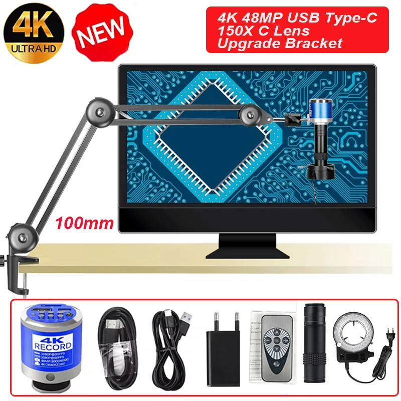 4K Microscope 150X C-Mount 48MP/13MP HDMI USB TYPE-C VGA Video Camera Upgrade bracket Measurement For PCB Soldering Phone Repair