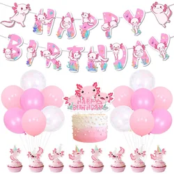 Axolotl Birthday Party Decor Pink Cute Cartoon Axolotl Theme Banner Garland Cake Cupcake Toppers Latex Balloons for Boys Girls