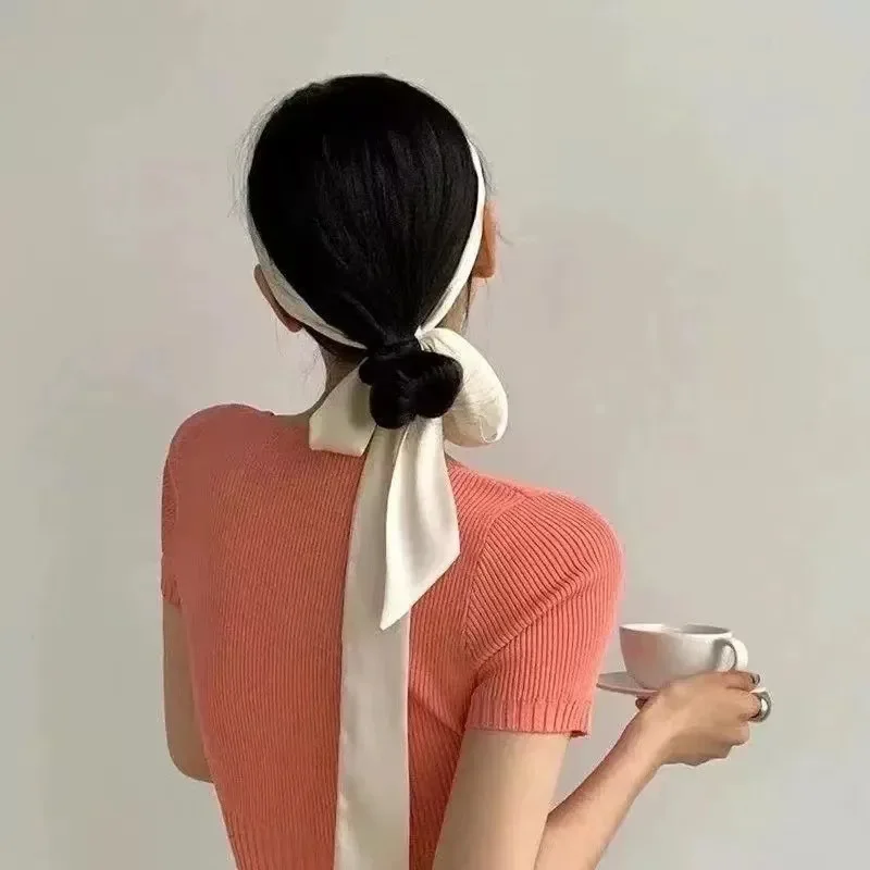 Feminino estreito cores sólidas longo lenço de seda cetim pescoço gravata alça saco fitas luxo headbands lenços magros neckerchief moda