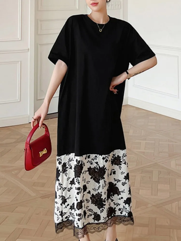 Zomer Big Size Kant Gesplitst Mid Body T-shirt Vrouwen Jurk Nieuwe O-hals Korte Mouw Mode Dames Jurken Tij Vestidos