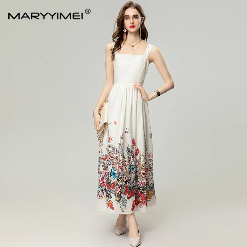 MARYYIMEI Fashion Women's New Vintage Backless Spaghetti Strap Camisole Shirring Printed Office Lady Elegant A-Line MIDI Dress