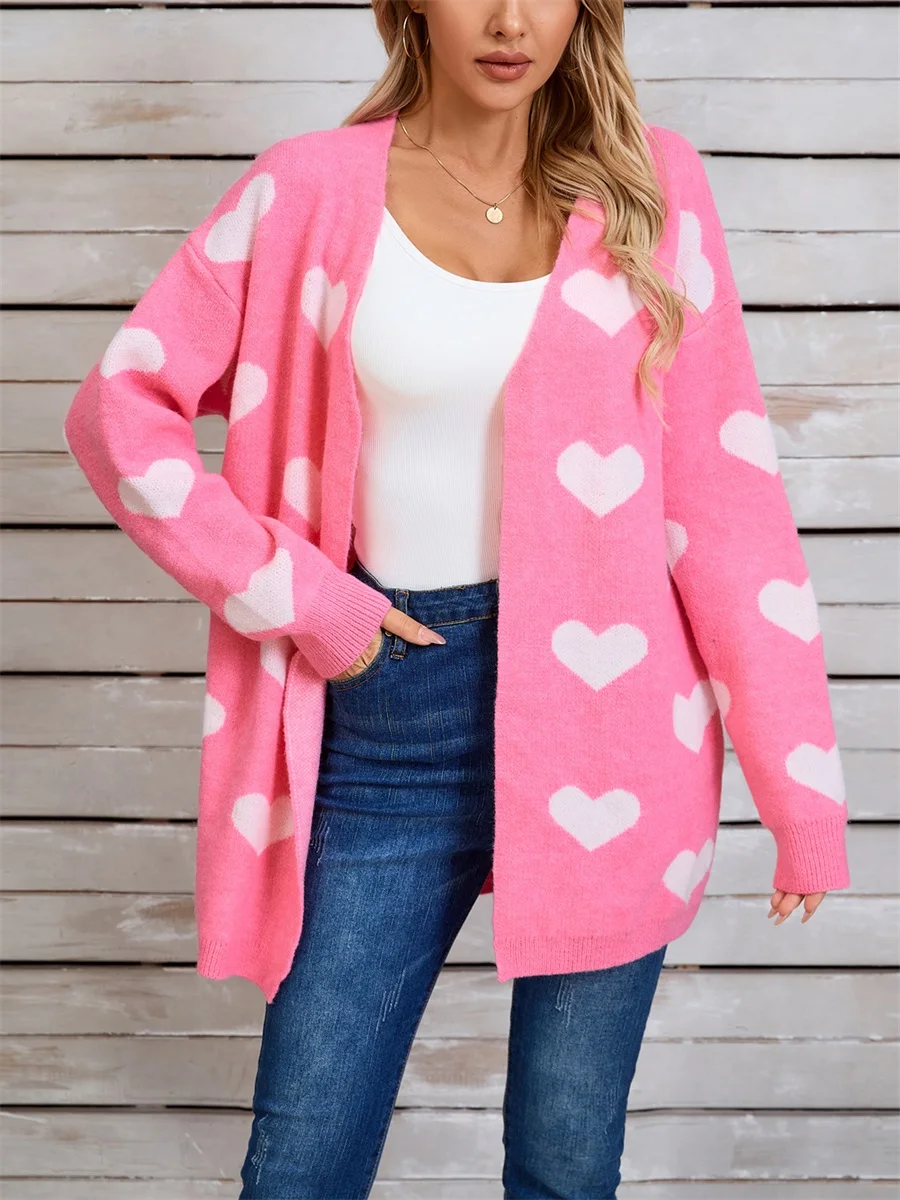 Suéter de punto para mujer Otoño Invierno Cárdigan con cuello en V Manga larga Estampado de corazón Prendas de punto con frente abierto