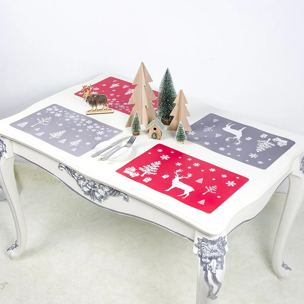12Pcs PVC Placemat and Coaster Set Christmas Printed Grey Table Mats for Dining Room Protection Scratch Resistant Non-Slip Easy