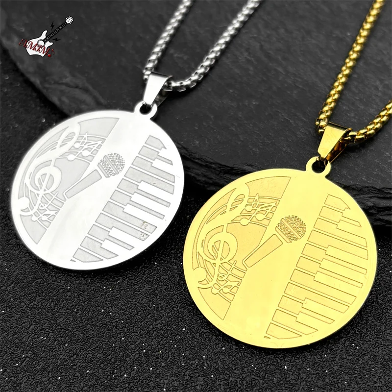 

Hiphop Microphone Piano Pendant Necklace For Women Men Stainless Steel Gold Silver Color Music Note Chain Jewelry Gifts