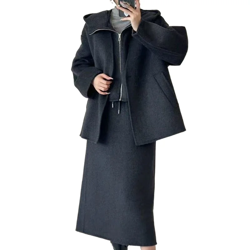 

Winter and Autumn High End Three Piece Set of Double-sided Woolen Blazers Women's Hooded Zipper Pullover Skirt and Woolen Coat