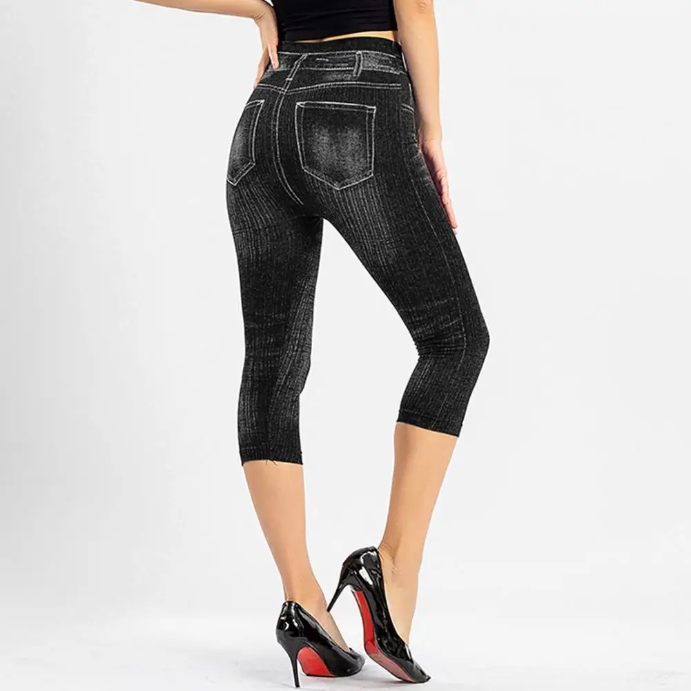 

Women Jeans Stylish Women's High Waist Cropped Jeans with Slimming Stripes Pockets Casual Mid-calf Length Trousers for Commuting