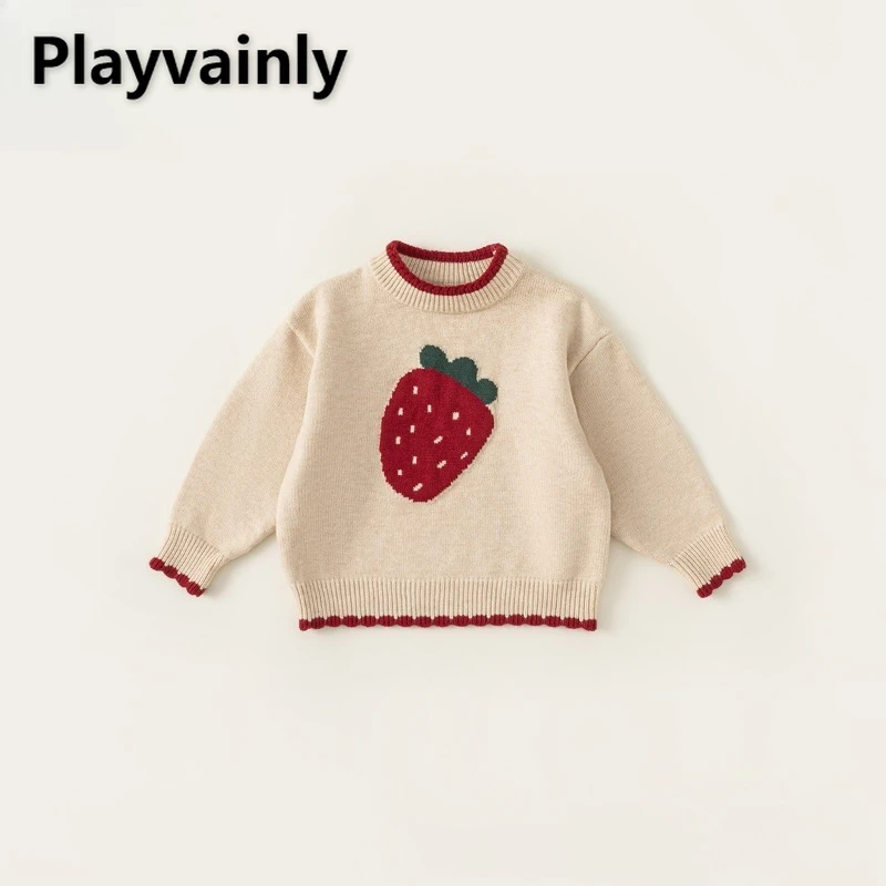 

New Spring Autumn Children Knitted Tops Girls Cute Knit Strawberry Beige Red O-neck Pullover Sweaters Sweet Kids Clothes Y24091