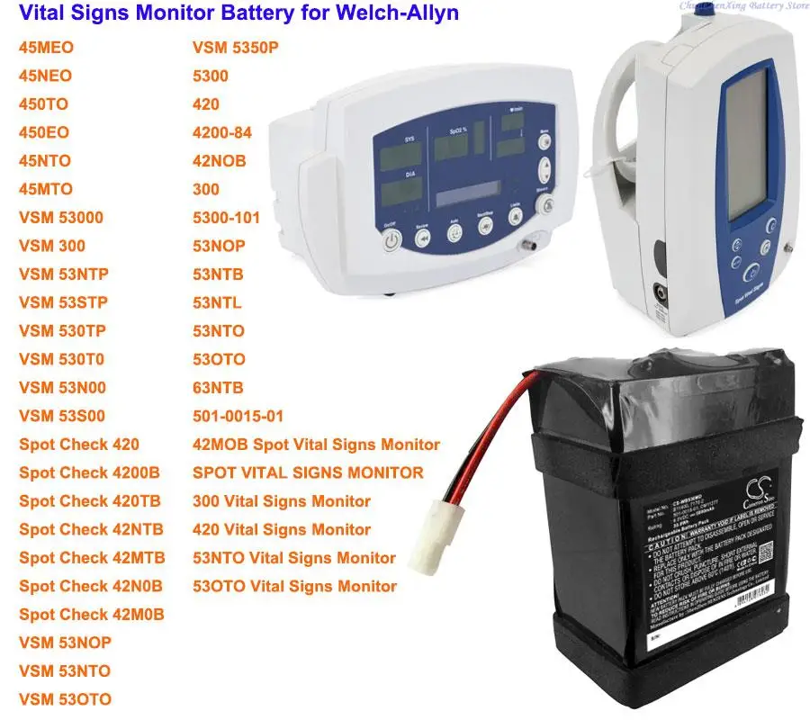  5000mAh Battery for Welch-Allyn 45MEO,45NEO,450TO,450EO,45NTO,45MTO,VSM 53000,VSM 300,530T0,63NTB,53NTO,5350P