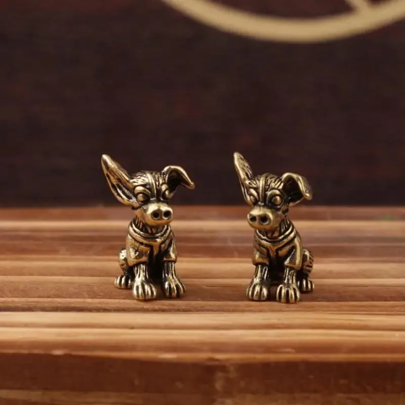 Solid Copper Puppy Bronze Sculpture, Vintage Brass Zodiac Dog Ornament, Antique Brass Mini Tea Pet Table Decor
