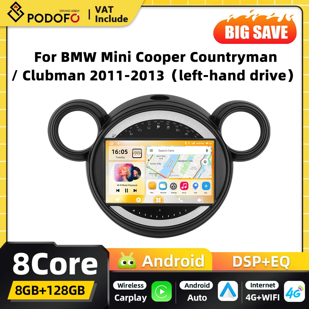 Podofo Qualcomm Carplay 2DIN Autoradio Android per BMW Mini Cooper Countryman Clubman 2011-2013 Navigazione GPS DSP WIFI FM RDS