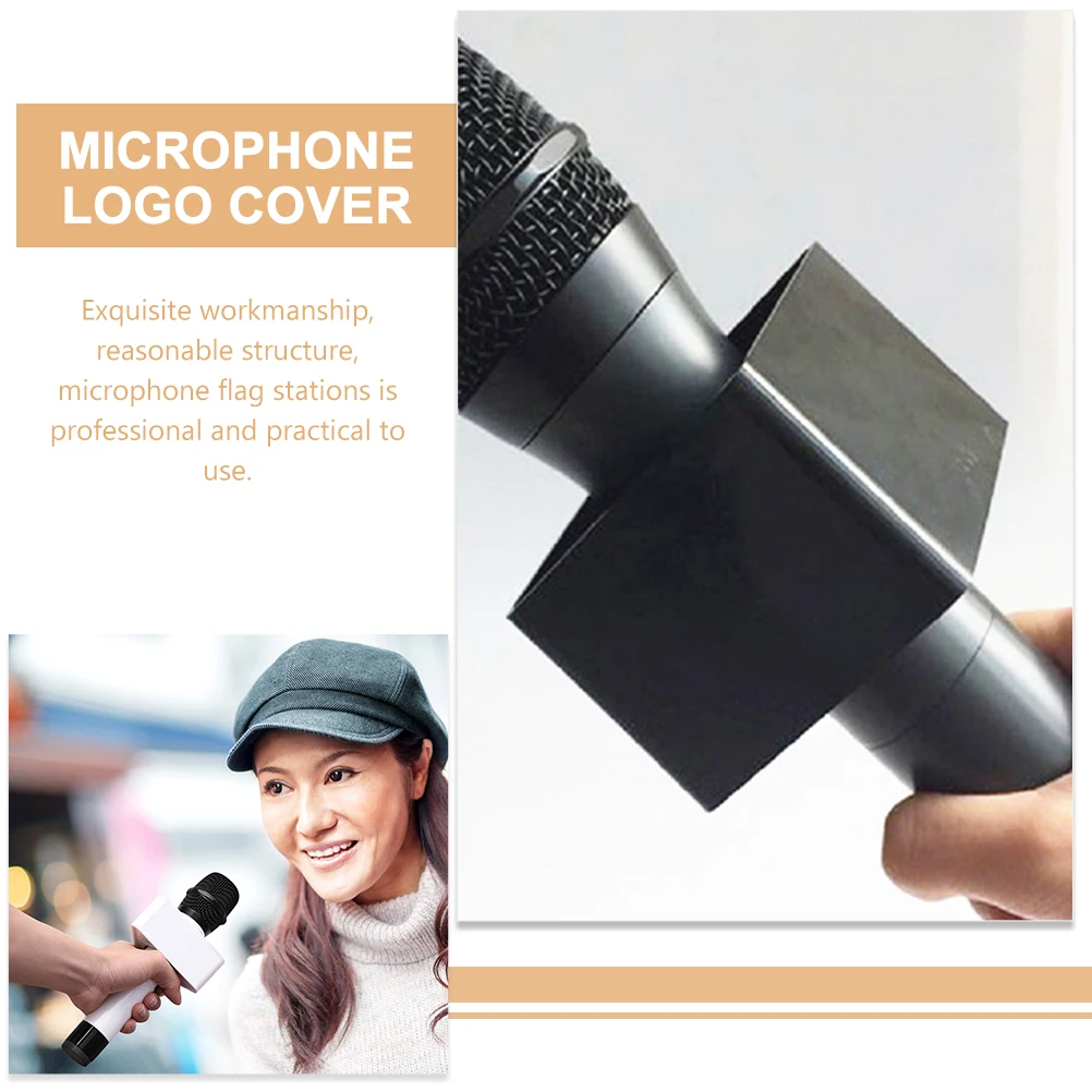 4 Pcs Microphone Logo Flag Station Cube Cover Standard Interview Table Conference Props Black White Square Triangle