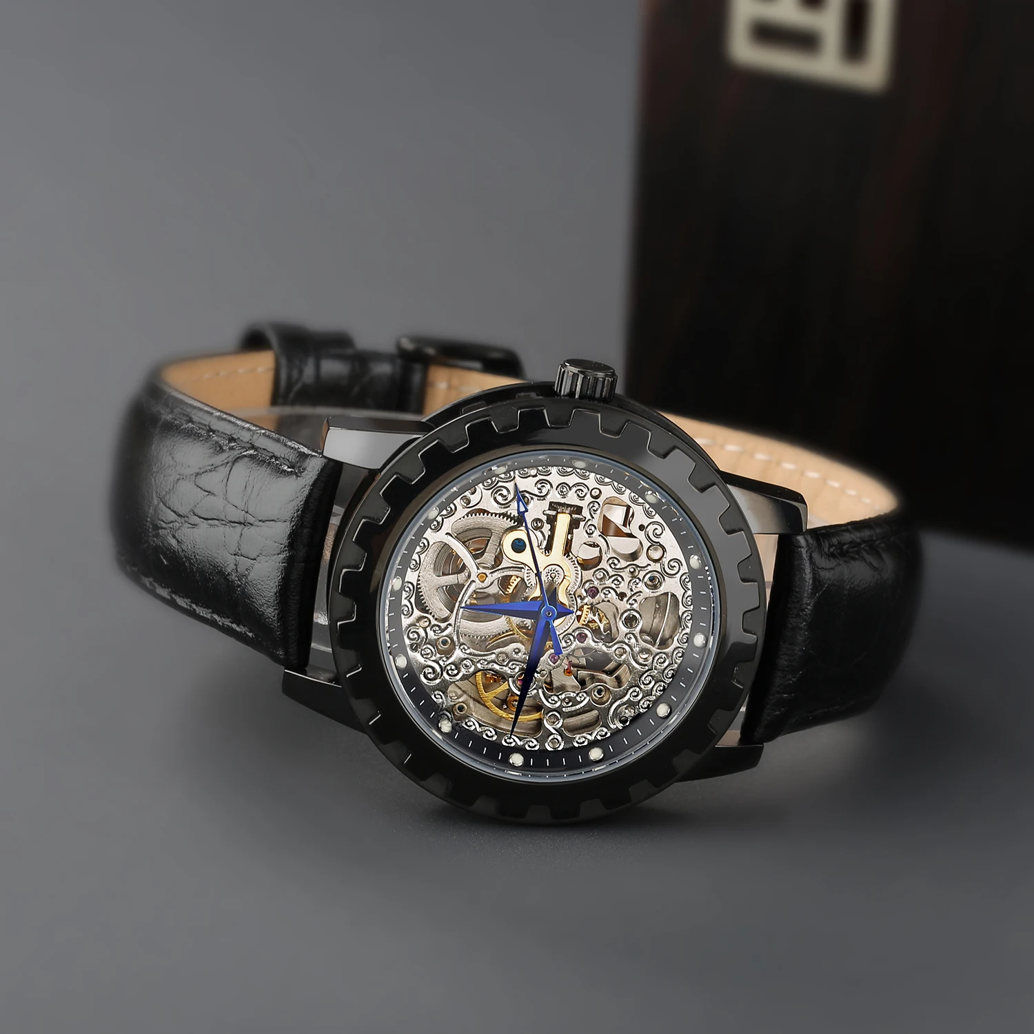 Berny-スケルトン,自動巻き,青,スチール,ゴールドトーン,発光,ヴィンテージ,防水,aganiデザインのメンズ自動腕時計