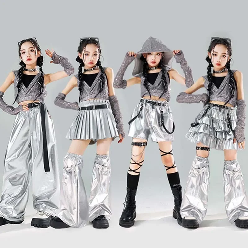 Silver Vest Shorts Pants Skirt Children Jazz Dance Hip Hop Costume Girls K-Pop Stage Outfit Fashion Show Performance Clothes