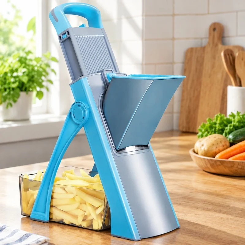 Sky Blue Food Chopper for Kitchen Use with 4 Adjustable Cutting Modes, Julienne and Dice, Safety Features Included