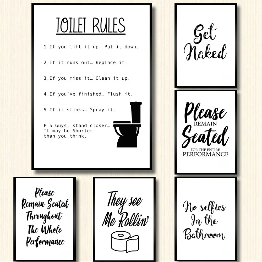 Christmas Canvas Painting Funny Bathroom Rules Sign Nordic Black White Home Decor Poster Prints Toilet Humour Pictures Bathroom