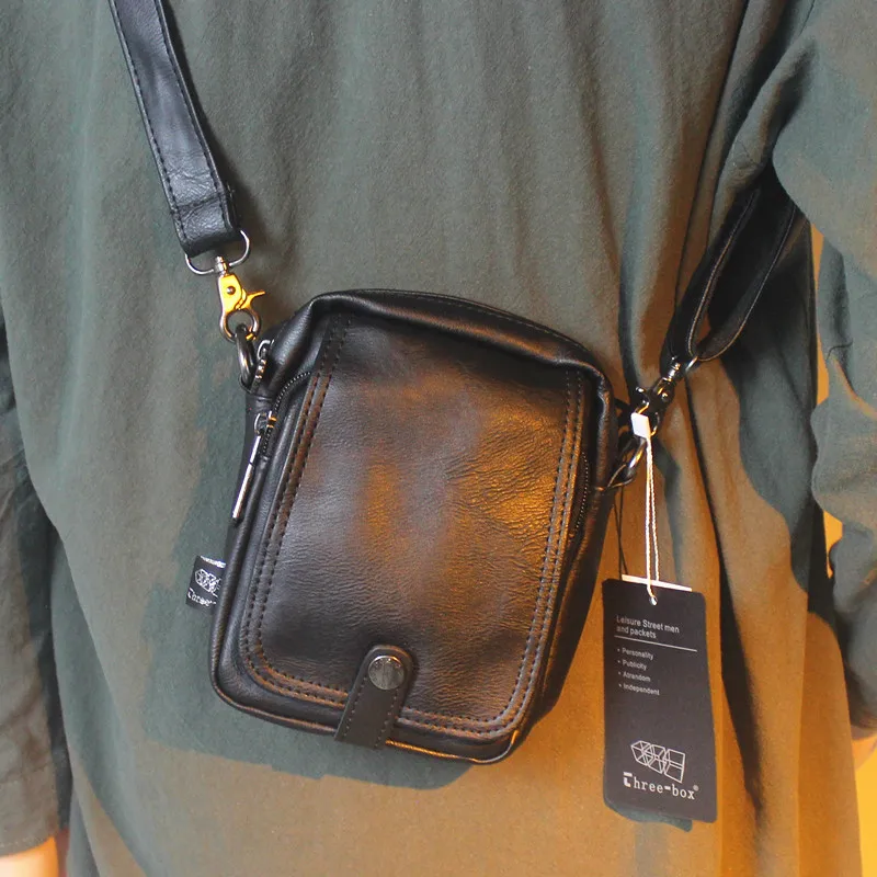 Casual Small Leather Shoulder Bag for Men Trendy Street Style Crossbody Bag with Phone Pocket Soft Surface Pure Color