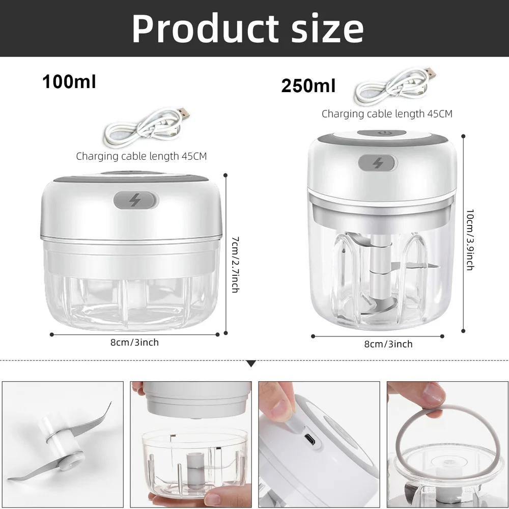 100/250ml Mini Electric Garlic Crusher Vegetable Cutter Chili  Masher Durable Garlic Chopper USB Charging Kitchen Accessories