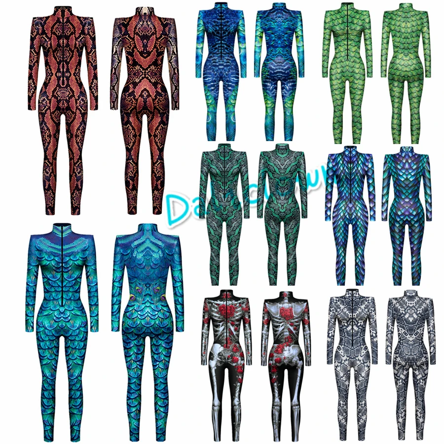 3d Printed Animal Scales Peacock Feather Snake Python Skull Skeleton Cosplay Jumpsuit Adult Halloween Bodysuit Women Men Costume