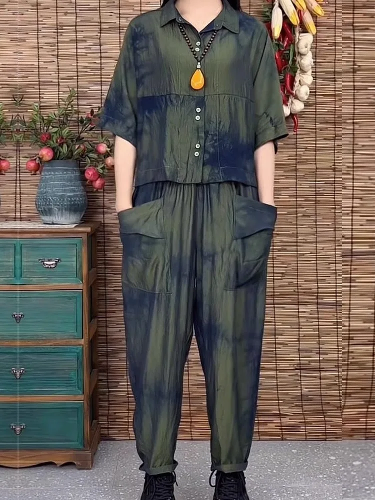 Green Five-Quarter Sleeve Shirt And Slim Fit Capri Pants Set Women's Summer Fashion Slimming Two-Piece Suit by Ai  Yun view 4