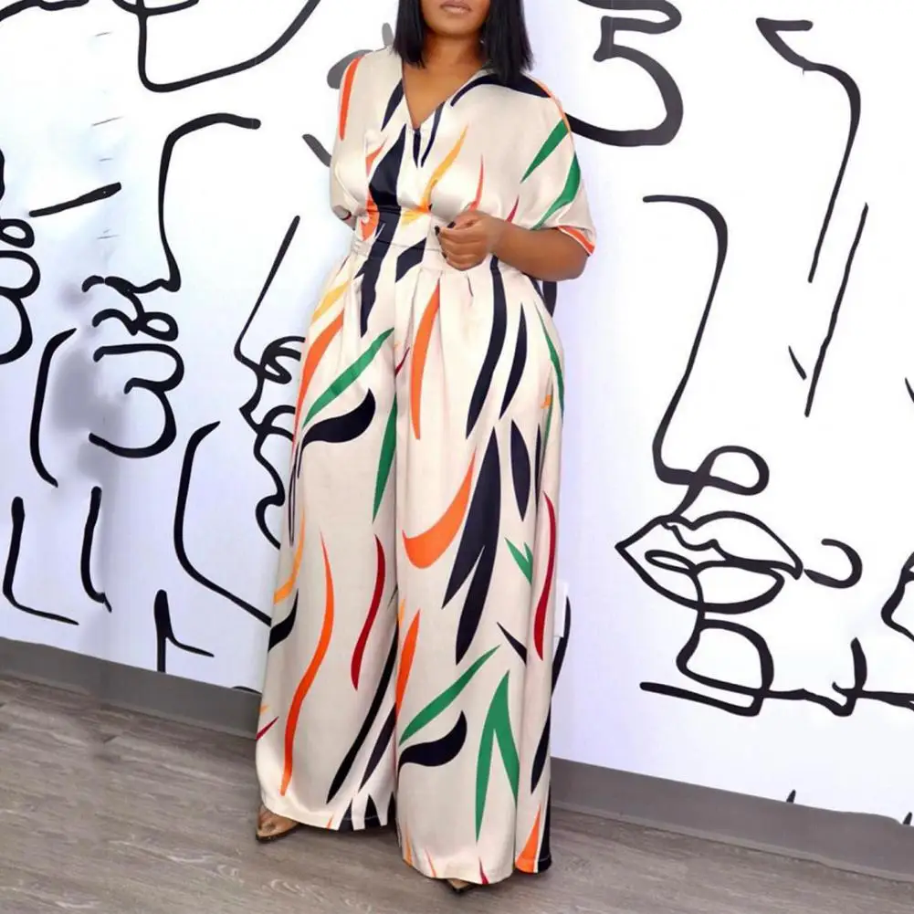 Women V-neck Batwing Half Sleeve Jumpsuit Colorful Striped Print High Waist Straight Wide Leg Long Jumpsuit Pants боди женское