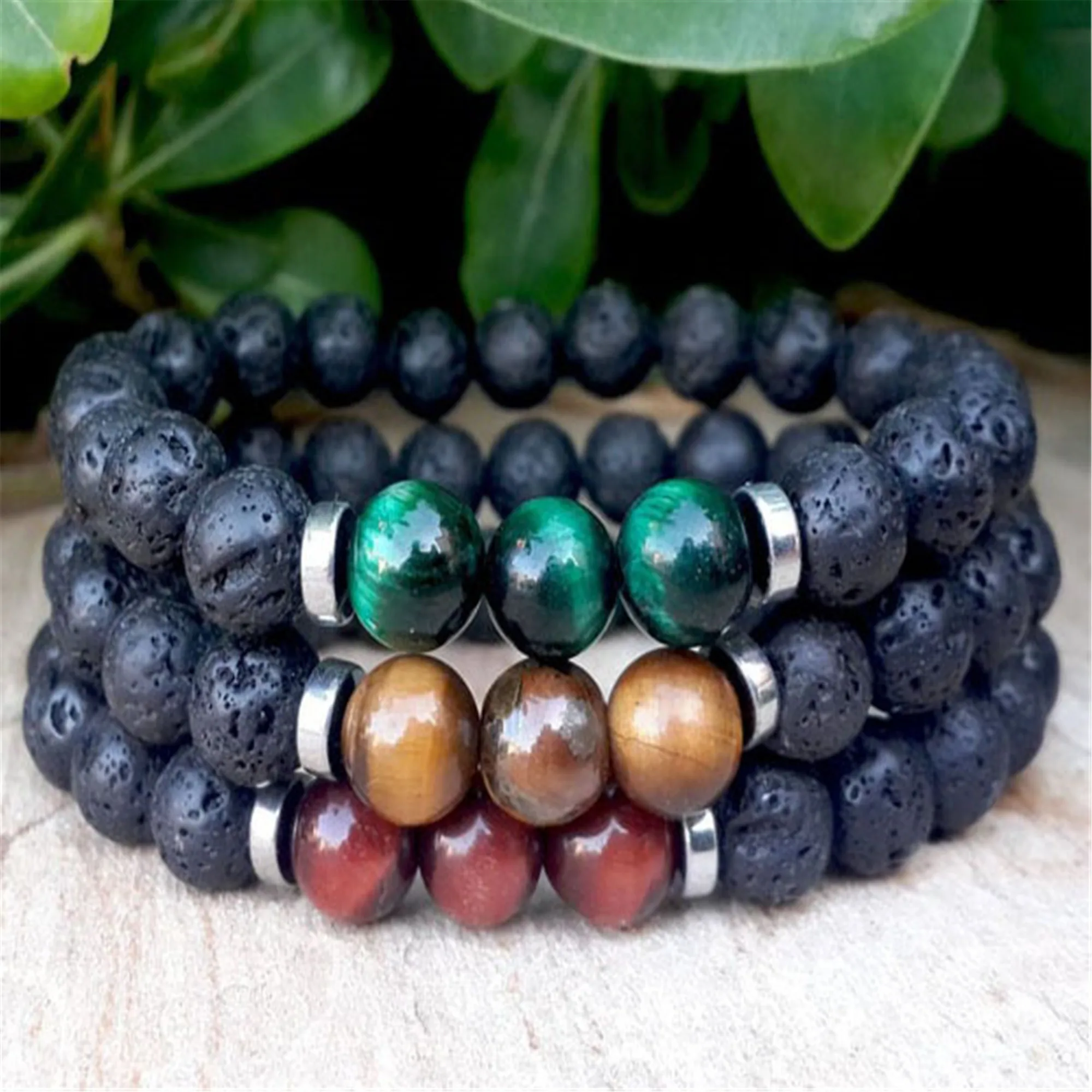 

Natural Black Lava Stone Mala Bracelet Semi-Precious Stones Handmade Link Cuff Unique Classic Chain Prayer