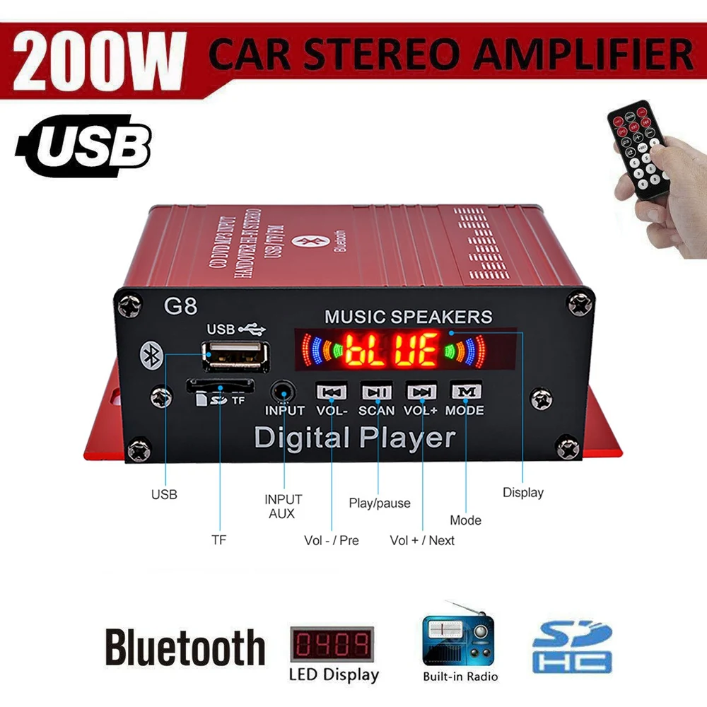 G8 200W 12V Car Audio Amplificador HIFI Bluetooth Home Stereo Amplifiers Audio Power Amplifier FM Radio 2CH USB TF