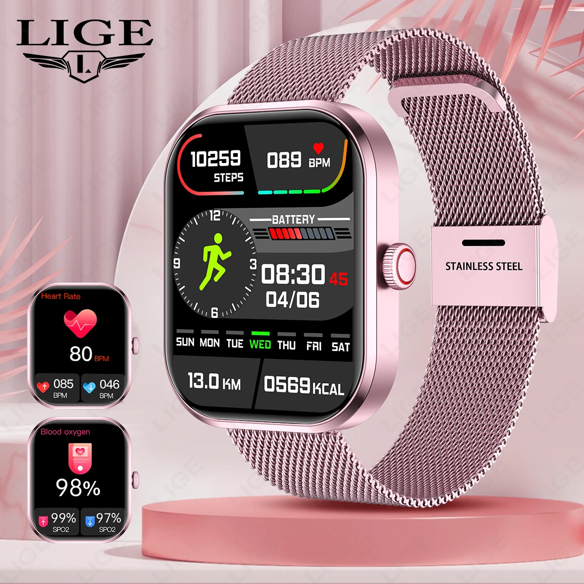 LIGE Smartwatch Women BT Call Full Touch Screen Luxury Men Sport Bracelet Lady Gift Waterproof Smartwatch For Android Phone IOS