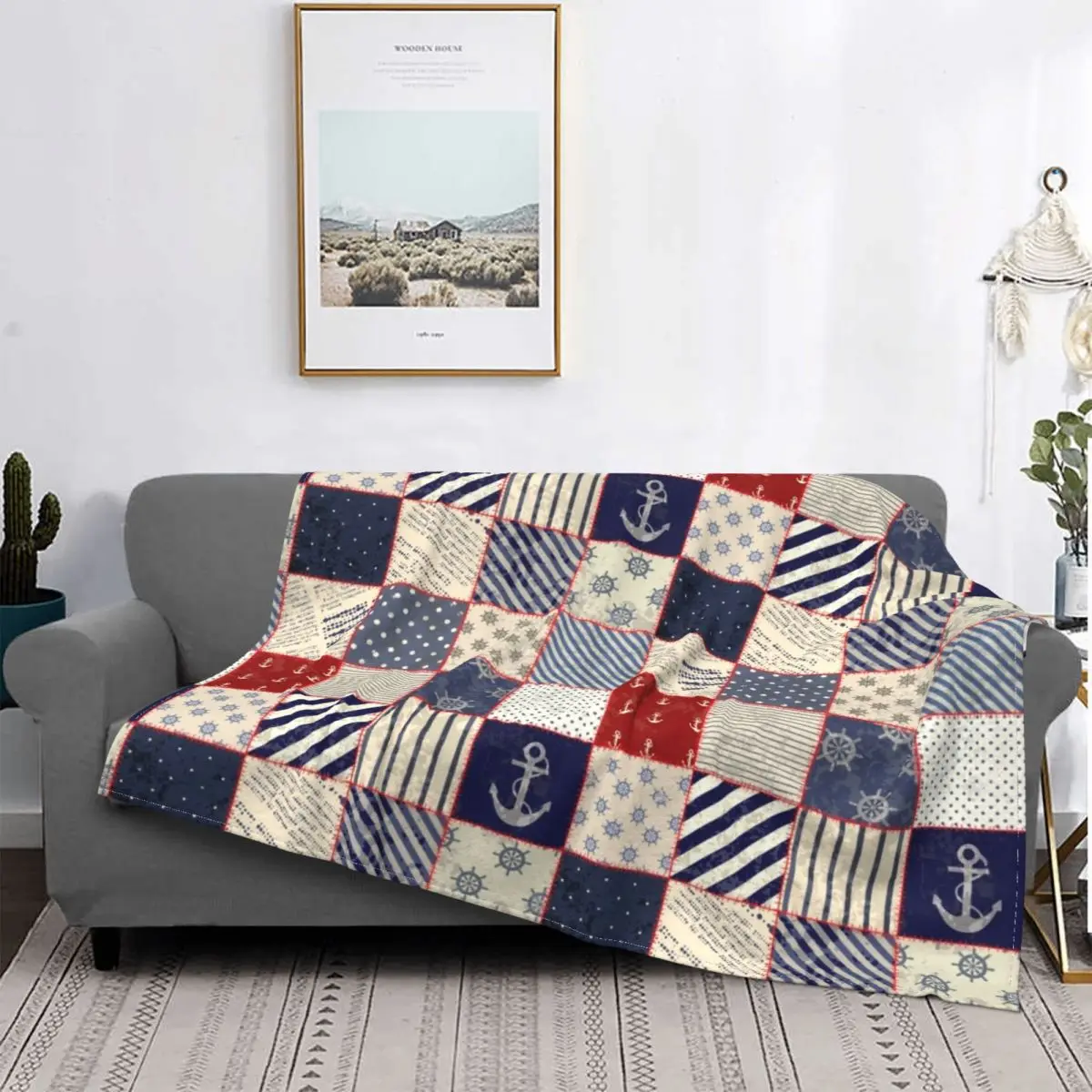 

Patchwork In Nautical Style Blanket Coral Fleece Plush Print Multi-function Lightweight Thin Throw Blankets for Sofa Rug Piece