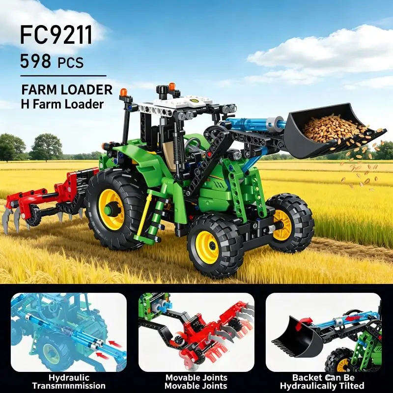 New Hydraulic Transmission Farm Loader &Harvester Building Blocks Set, Engineering Vehicle Model, Best Gift