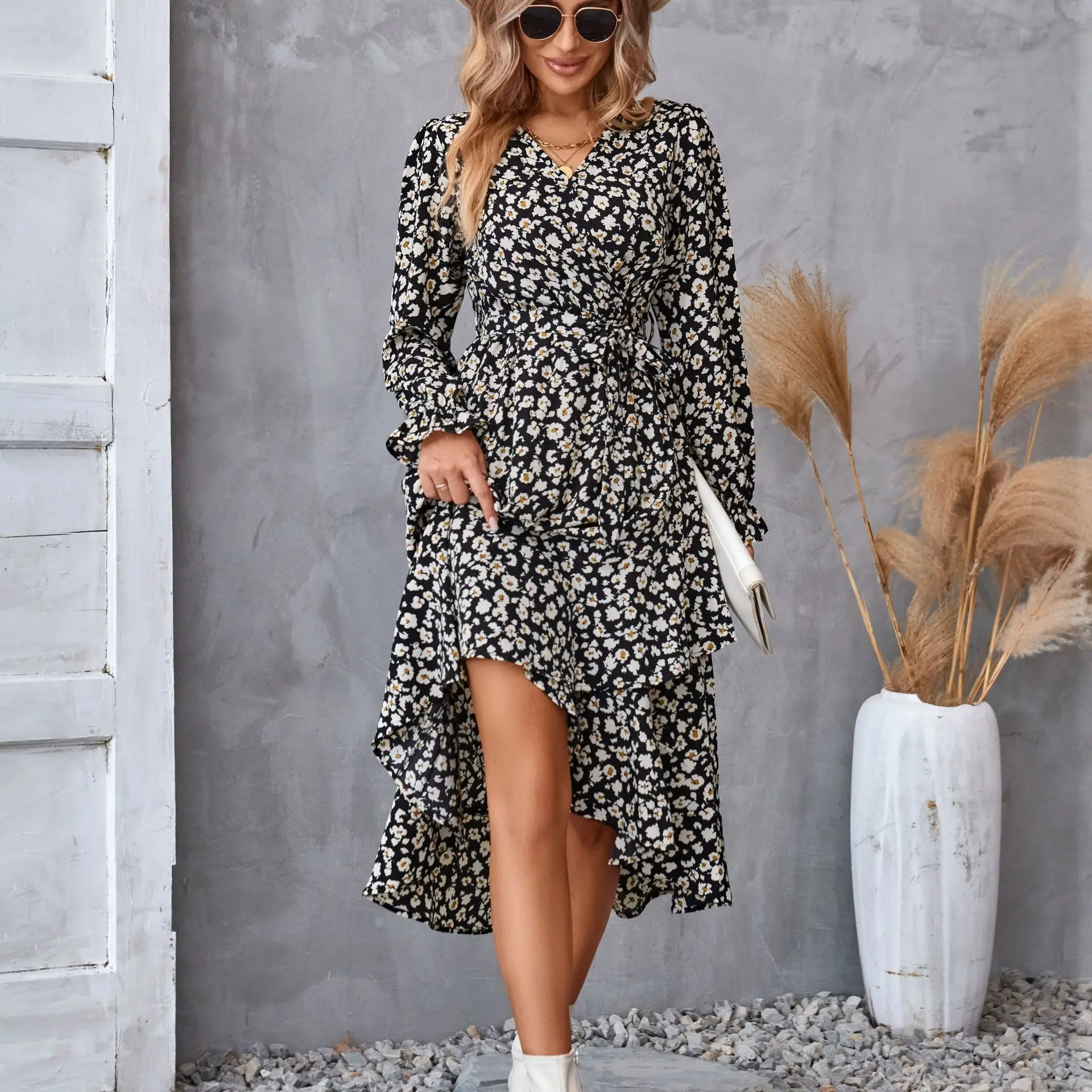 Casual bloemenprint dames zomer strand lange jurk sexy boho v-hals lente herfst winter elegante lange mouwen jurken vestido