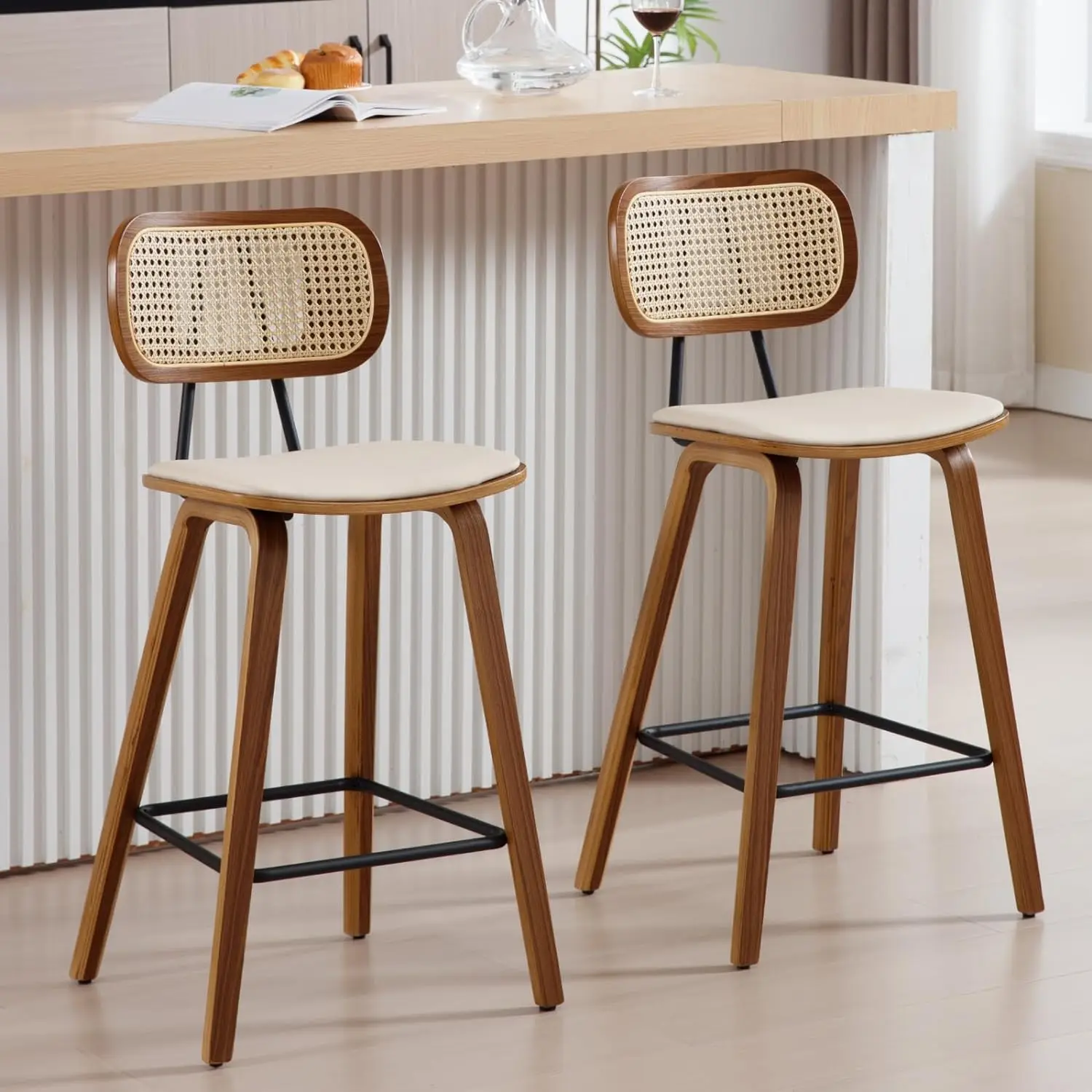 Mid-Century Bar Stools Set of 2, 26 Inch PU Leather Barstools with Open Rattan Backrest Wooden Legs Armless Bar Chairs