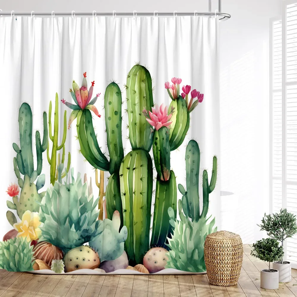 Cactus Shower Curtain, Tropical Plants Bonsai Desert Flower Butterfly Farm Wooden Plank Palm Leaf Print Home Bathroom Decoration