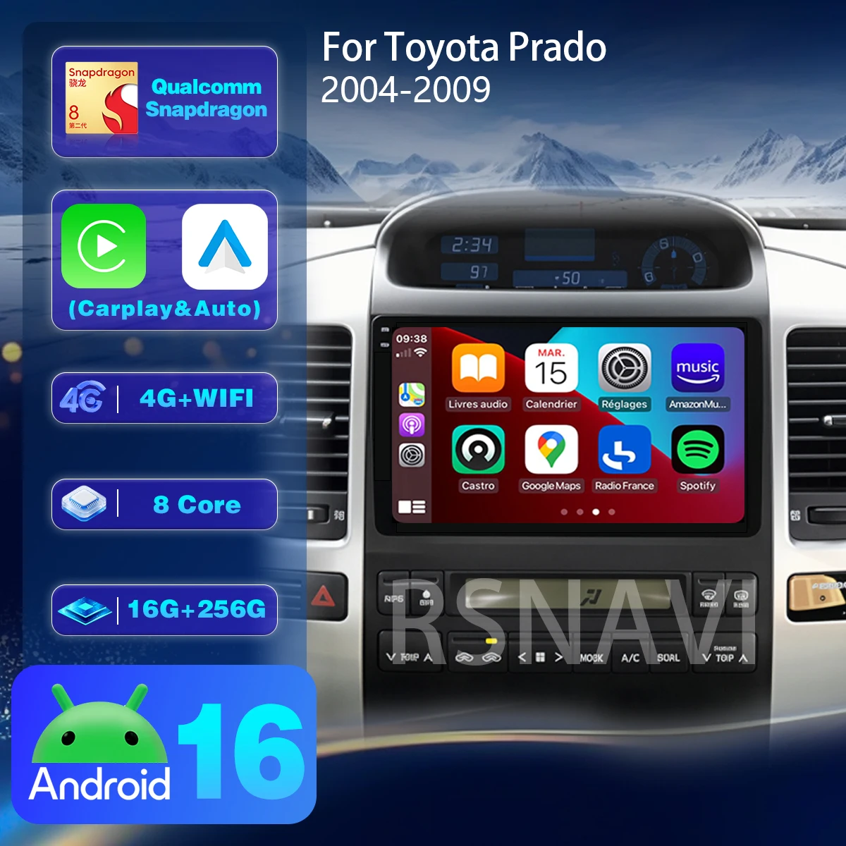 Android 16 For Toyota Prado 2004-2009 Carplay Auto Car Radio with Wireless CarPlay Player GPS Multimedia Stereo Snapdragon