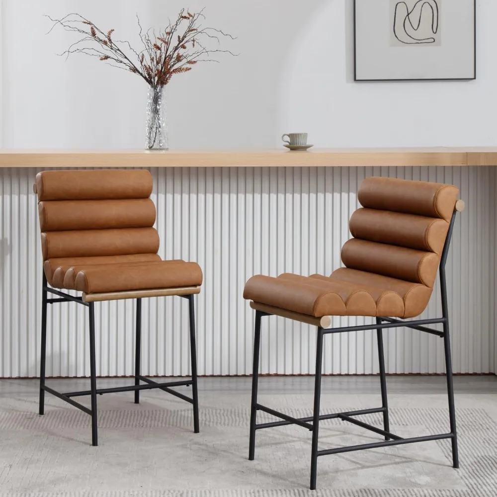 

PU Leather Stools Set of 2, Seat Height Upholstered Counter Height with Tufted Back&Cushion, Black Legs, Bar Chairs, 25"